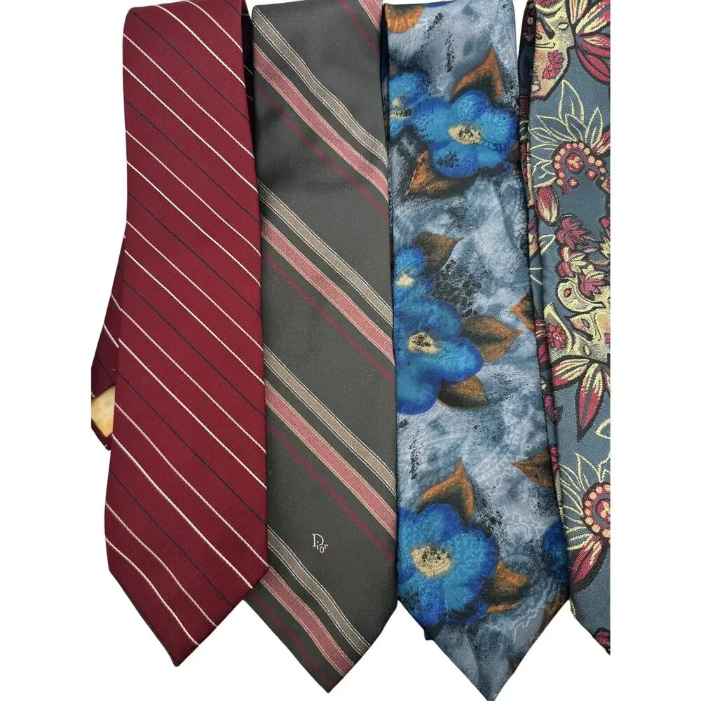 Set Of 4 Vintage Christian Dior Monsieur Mens Neck‎ Ties Striped Floral - Picture 2 of 9